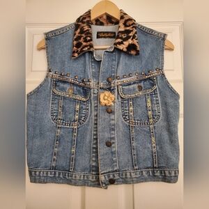 Fabulous Furs Denim Vest with Leopard Print Collar